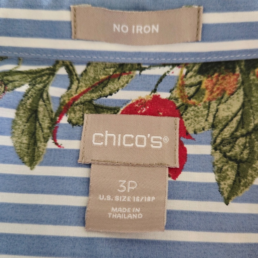 Chico's 3 No Iron Striped Floral Button Down Shirt Blue White Pink Womens 16-18 - Picture 2 of 8